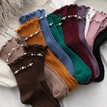 Модные женские однотонные повседневные носки с украшением из жемчуга, женские короткие хлопковые носки, уличные носки