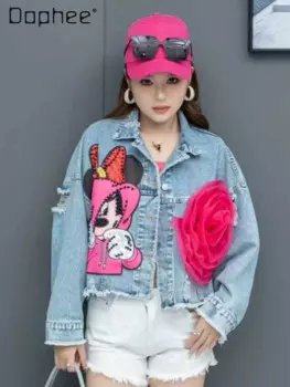 Модный бренд и тяжелая промышленность, джинсовое короткое пальто с мультяшным бисером, женское 2024, весенне-осенний топ с 3D цветами, джинсовая куртка для женщин