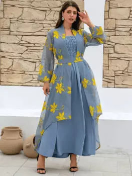 Модный цветочный принт, мусульманский комплект, платье для женщин, мусульманское платье с длинным рукавом, элегантный женский сарафан, винтажная Абая, кафтан