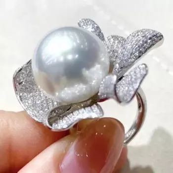 Модный Dainty South Sea Natural White 10-11 мм настоящий жемчуг ручной работы 925 серебряных лепестков циркона кольцо регулируемый размер