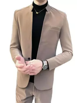 Модный дизайн, мужские костюмы цвета хаки, пальто с воротником-стойкой, пиджак, деловые мужские костюмы, свадебный мужской костюм, 2 предмета, куртка + брюки + галстук