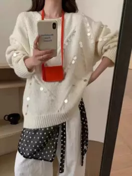 Модный кашемировый вязаный свитер с круглым вырезом, осень-зима, пуловер с длинными рукавами и блестками, женский шерстяной трикотаж, джемперы, нижняя часть F49