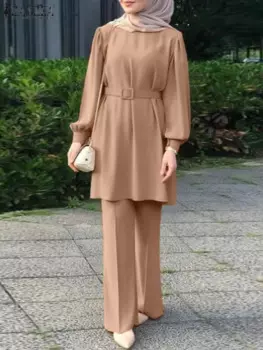 Модный костюм Eid Mubarek, Турецкая абайя, повседневные брючные комплекты ZANZEA, мусульманский костюм с длинным рукавом, Женский подходящий костюм