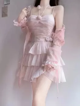 Модный милый розовый кардиган с длинным рукавом для женщин + Y2k E-Girl облегающее платье без бретелек летние новые комплекты из двух предметов