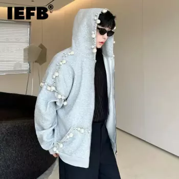Модный мужской кардиган IEFB на молнии с украшением из жемчуга ручной работы, свитшот, Мужская осенняя куртка с капюшоном 9C7547