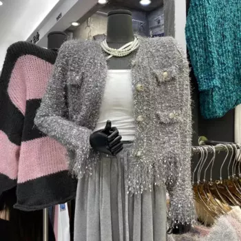 Модный осенний свитер с блестками, V-образным вырезом, длинным рукавом и бахромой, Женский вязаный кардиган с расклешенными рукавами, пальто