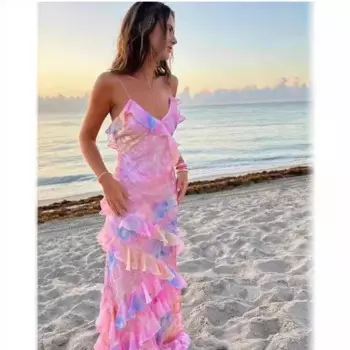 Модный Печатный сексуальный топ с открытой спиной кружевное асимметричное платье