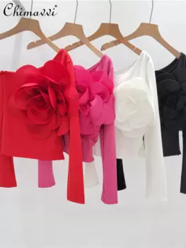Модный популярный топ для девушек с 3D большим цветочным диагональным воротником с одним плечом на бретелях Новинка летняя женская облегающая футболка с длинным рукавом