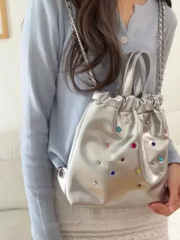 Модный Роскошный Серебристый рюкзак из искусственной кожи на шнурке для девушек, сумки с цветным драгоценным камнем, Женский дорожный уличный рюкзак на цепочке, сумки