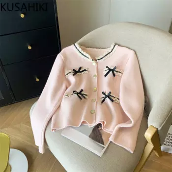 Модный шикарный Милый Женский вязаный кардиган kusхитки с бантом, новинка весны 2024, вязаные топы, повседневный корейский однобортный свитер, пальто