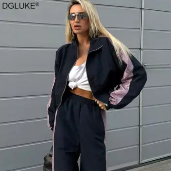 Модный спортивный костюм DGLUKE в стиле пэчворк, Женский комплект из двух предметов, спортивная одежда для тренажерного зала, Женская куртка на молнии и спортивные штаны, подходящий комплект