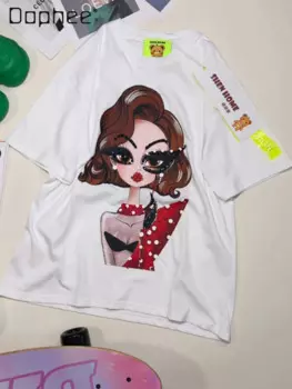 Модный Свободный Топ средней длины с круглым вырезом и цветочным принтом из бисера Новинка весна-лето 2024 хлопковая повседневная женская футболка с коротким рукавом