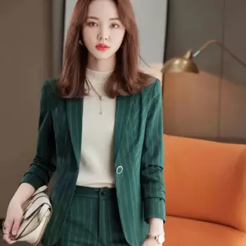 Модный темпераментный костюм из двух частей, прямой Повседневный Женский костюм в полоску, весенний женский костюм