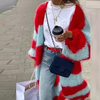Модный утепленный Кардиган с длинным рукавом, Женская Повседневная Уличная одежда, Женский вязаный контрастный длинный свитер в полоску на осень и зиму