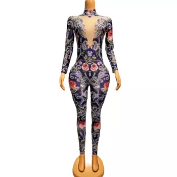 Модный узкий комбинезон с цветочными стразами, вечерний наряд для дня рождения, женский костюм певицы, бара, сценический костюм