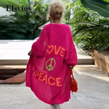 Модный вязаный кардиган с надписью LOVE & PEACE, Женский Осенний Повседневный свитер с рукавами-фонариками, пальто, женская зимняя элегантная длинная верхняя одежда