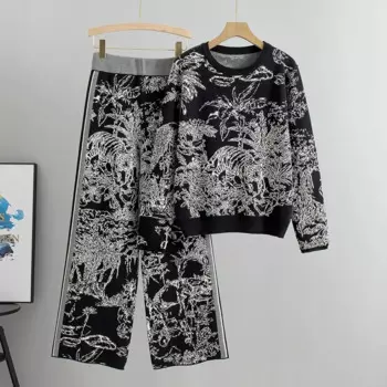 Модный вязаный комплект из двух предметов с изображением леса тигра, женский весенний свитер с длинным рукавом, топ с высокой талией и широкими штанинами, Женский костюм с брюками