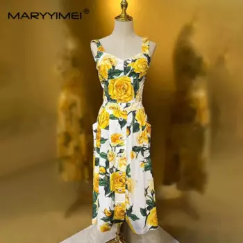 Модный женский хлопковый пикантный пляжный топ MARYYIMEI на бретелях-спагетти с принтом и открытой спиной + однобортная юбка миди из двух частей