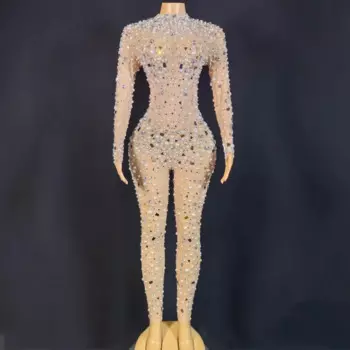 Модный женский комбинезон с длинными рукавами и бриллиантами