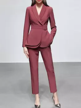 Модный женский комплект из 2 предметов, шаль, воротник, пояс на шнуровке, однотонный Blzer, длинные облегающие брюки, костюм, весна 2023, новинка, O478