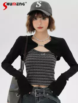 Модный женский костюм из двух предметов в Корейском стиле, элегантный универсальный черный жилет с длинным рукавом, популярный жилет в полоску до пупка для девушек