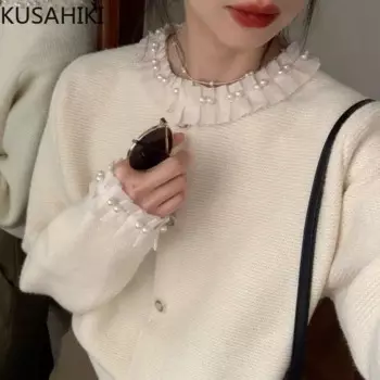 Модный женский свитер с рюшами, круглым вырезом и длинным рукавом