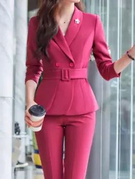 Модный женский винтажный офисный Блейзер, брючный костюм, элегантный шикарный костюм, куртки и брюки, комплект из двух предметов, Женский деловой костюм с брюками