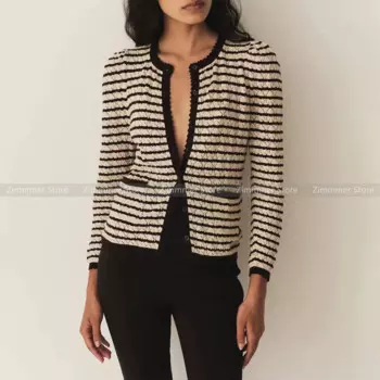 Модный женский вязаный кардиган в полоску, с круглым вырезом