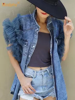 Modphy 2023 персонализированный женский сетчатый лоскутный джинсовый топ, модная уличная одежда, жилет без рукавов, приталенная женская рубашка