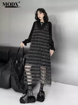 [modx] Элегантный темперамент, нишевый дизайн, платье из двух частей с серебряным сетчатым жилетом и однотонной футболкой с длинными рукавами