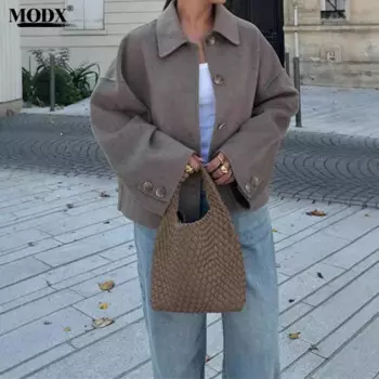 [modx] - модная женская свободная повседневная куртка с откидным воротником и короткими пуговицами, 2024, модная женская свободная повседневная куртка