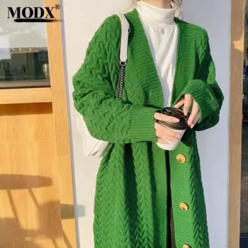 [MODX] жареный тесто скрученный длинный свитер для женщин на осень и зиму, свободный и ленивый, в ретро кардиган с V-образным вырезом