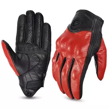 MOGEBIKE White Red Summer Breathable Perforation Motorcycle Gloves Retro Leather Full Finger Touchscreen Gloves Protection Glove
