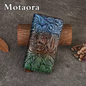 MOTAORA/Новый женский кошелек ручной работы из натуральной кожи для женщин, женские кошельки из воловьей кожи, тисненый длинный градиентный кошелек, зажим для телефона