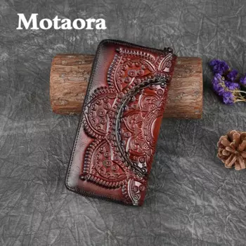 MOTAORA, Ретро кошелек для девочек, длинная ручная сумка, женская кожаная сумочка ручной работы, тисненый цветочный кошелек для телефона, стильный женский держатель для карт