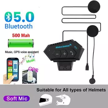 Мотоциклетная гарнитура для шлема BT 5,0, беспроводной комплект громкой связи, стереозащита от помех, водонепроницаемый музыкальный плеер, динамик