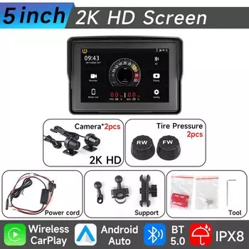 Мотоциклетная GPS-навигация, беспроводной CarPlay, Android, мультимедийный плеер, 2K HD-рекордер, IP67, водонепроницаемый экран, Bluetoo