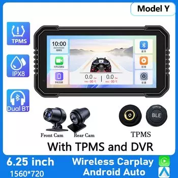 Мотоциклетная навигация, 6,25-дюймовый экран, 1560*720, беспроводной CarPlay, Android, авто, мотоцикл, GPS, видеорегистратор, монитор TPMS, опционально