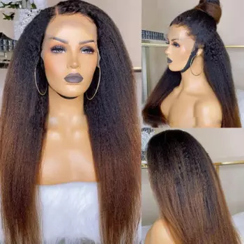 Мягкий 180 Плотность 26 дюймов Ombre Blonde Yaki Kinky Прямой Длинный Парик Фронта Шнурка Для Женщин С Волосами Младенца Предварительно Собранные Ежедневно Бесклеевой
