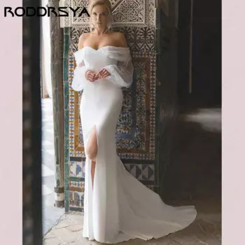 Мягкое атласное свадебное платье с юбкой годе RODDRSYA, женское платье с открытыми плечами и длинными рукавами-фонариками с открытой спиной для невестыатласное свадебное платье с юбкой годе RODDRSYA, женское платье с о