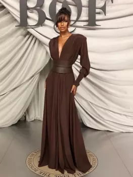Mueyaruho 2024, зима-весна, женское элегантное вечернее платье макси, однотонное коричневое, с v-образным вырезом, длинным рукавом, расклешенное длинное платье с поясом