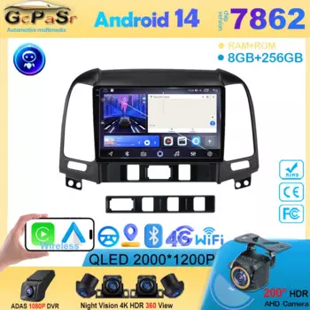 Мультимедийный автомобильный мультимедийный плеер, 8 ядер, Android 14 DSP, GPS-навигация для Hyundai Santa Fe 2 2006-2012 2din, головное устройство Carplay