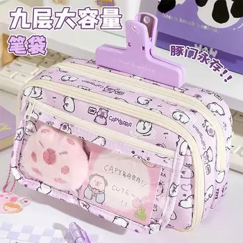 Мультяшная фиолетовая капибара, сумка для хранения карандашей, кавайный пенал, большой вместительный пенал, школьный канцелярский чехол, косметичка