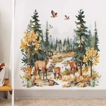 Мультяшные наклейки на стену HonC Cartoon Deer Forest