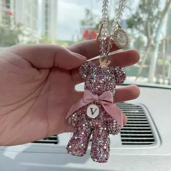 Мультяшный алмазный хрустальный бант, мрачный медведь, автомобильный кулон, зеркало, подвесной брелок, украшения, блестящее украшение интерьера автомобиля