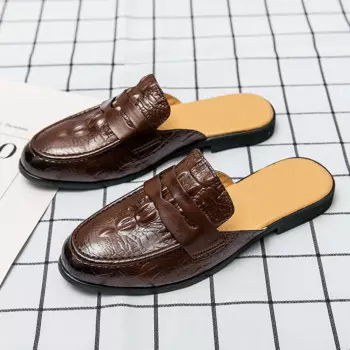 Мюли мужские из ПУ кожи, тисненый узор, однотонные, низкий каблук, маска, украшение, Модные Повседневные тапочки, удобная дышащая мужская обувь