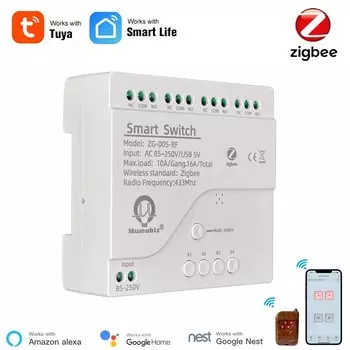 Смарт-переключатель Tuya Zigbee, 220 В, 4-канальный, работает с Alexa Home Assistant