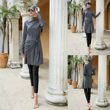 Мусульманский купальник 2022 года с принтом на шнуровке большого размера, мусульманский женский купальник Burkini из 3 частей, Длинные Топы, брюки, шапка, костюм, скромная пляжная одежда