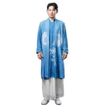 Мужская этническая одежда, синий кардиган с принтом, Мужской винтажный халат, дышащий льняной костюм, Азиатский буддийский костюм