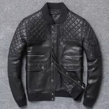 Мужская байкерская куртка из натуральной овечьей кожи, повседневная облегающая куртка-бомбер, бейсбольная куртка, верхняя одежда для зимы